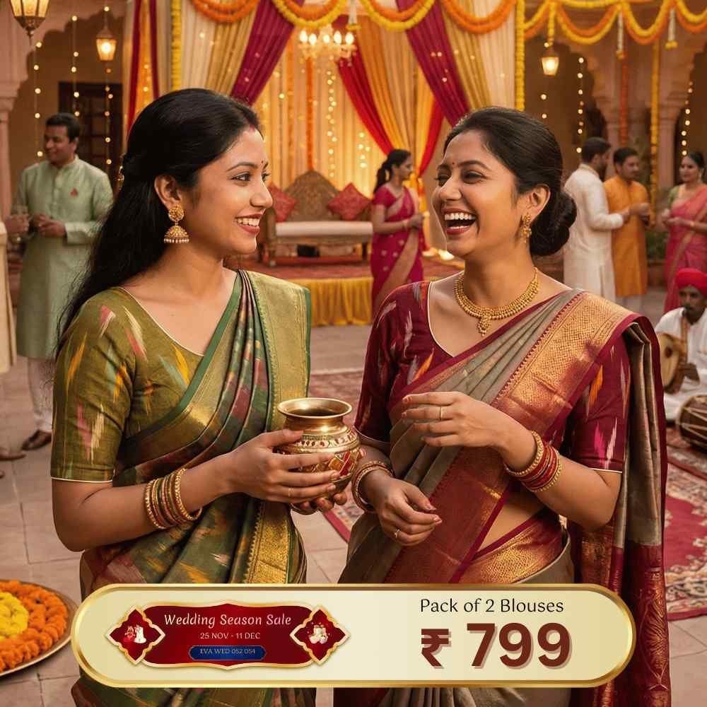 Riyashree Women’s Ikkat Cotton Ready Made Saree Blouse – Pack of 2 | Wedding Season Sale - 052 054