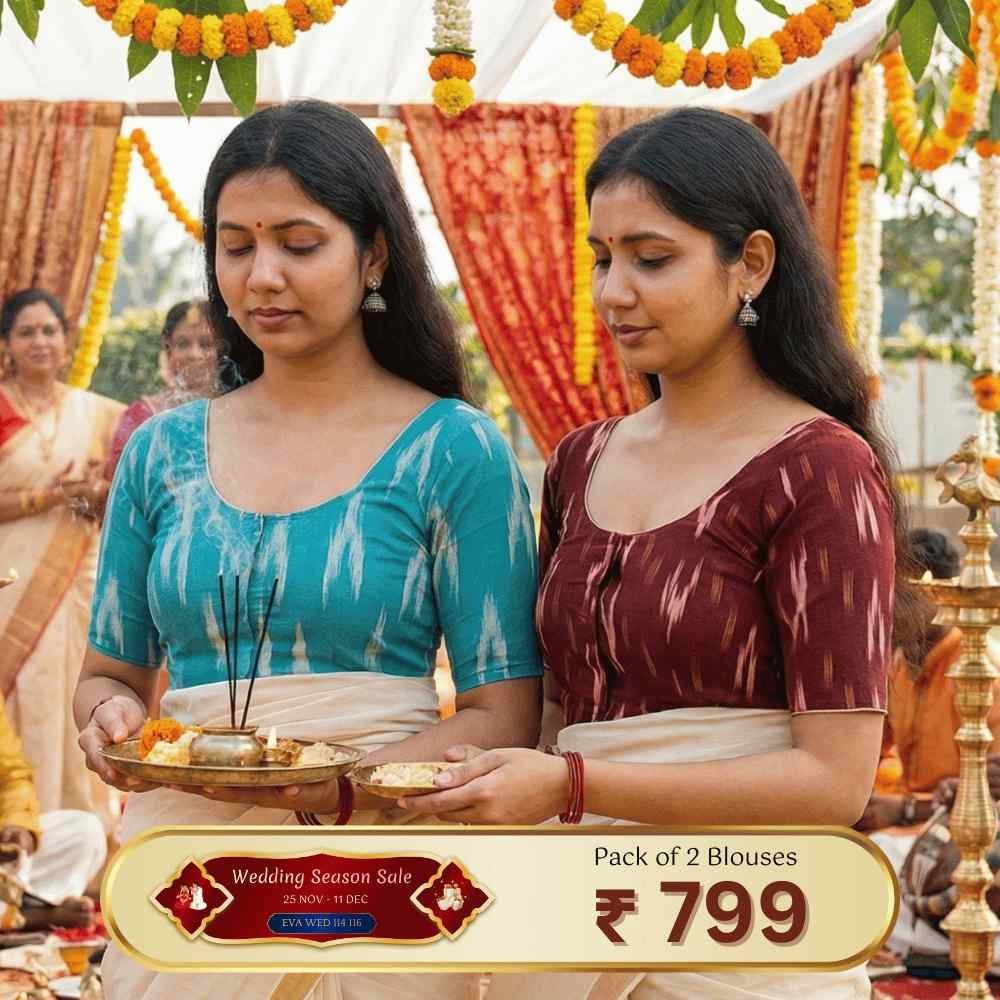 Riyashree Women’s Ikkat Cotton Ready Made Saree Blouse – Pack of 2 | Wedding Season Sale - 114 116