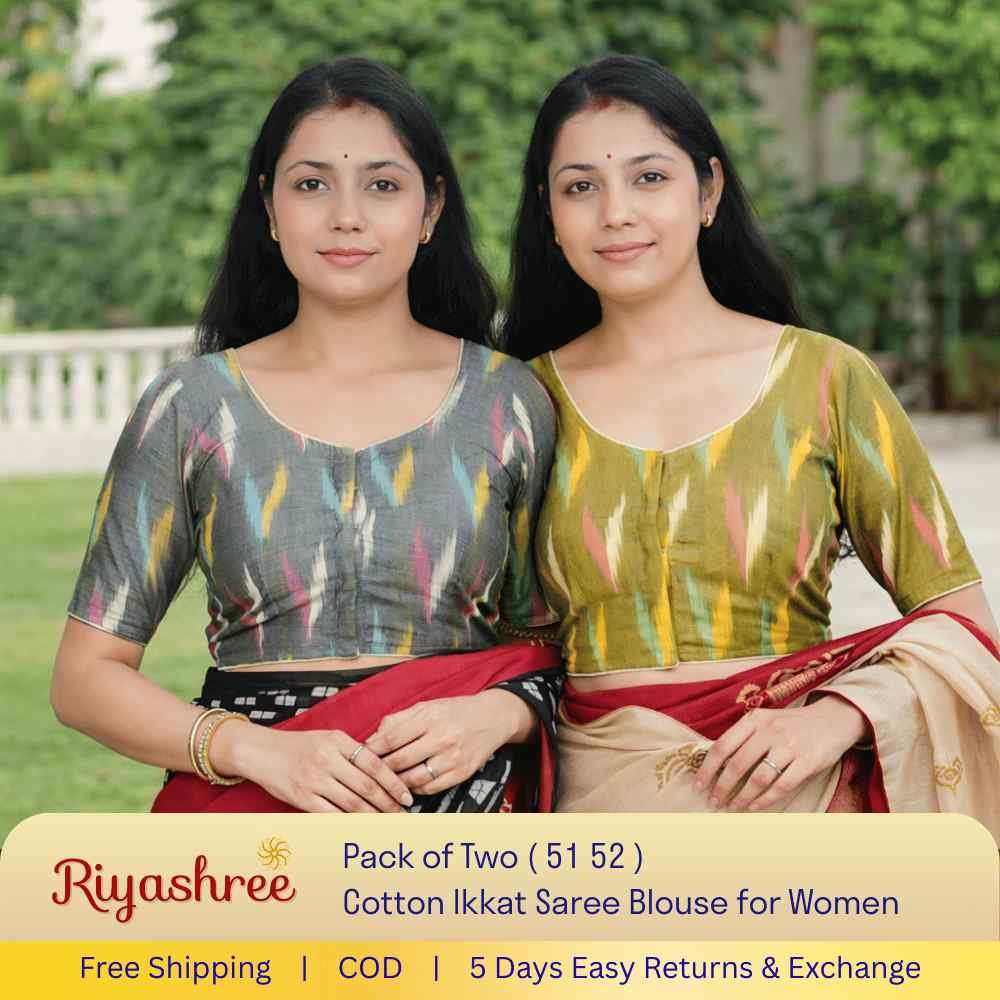 Pack of 2 Ready-to-Wear Cotton Ikkat Saree Blouse for Women | Pre-Stitched Readymade Blouse | Traditional Ethnic Wear with Modern Fit | Comfortable Daily & Festive Wear | 051 052