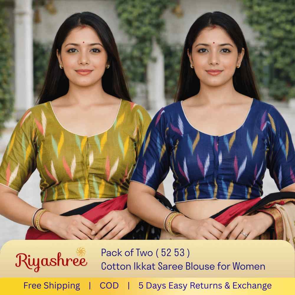 Pack of 2 Ready-to-Wear Cotton Ikkat Saree Blouse for Women | Pre-Stitched Readymade Blouse | Traditional Ethnic Wear with Modern Fit | Comfortable Daily & Festive Wear - 052 053