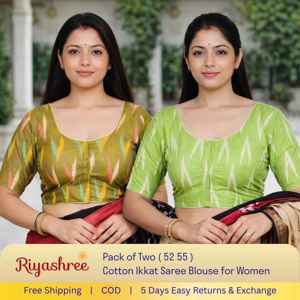 Pack of 2 Ready-to-Wear Cotton Ikkat Saree Blouse for Women | Pre-Stitched Readymade Blouse | Traditional Ethnic Wear with Modern Fit | Comfortable Daily & Festive Wear - 052 055