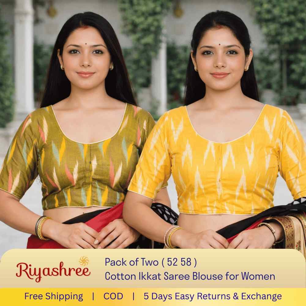 Pack of 2 Ready-to-Wear Cotton Ikkat Saree Blouse for Women | Pre-Stitched Readymade Blouse | Traditional Ethnic Wear with Modern Fit | Comfortable Daily & Festive Wear - 052 058