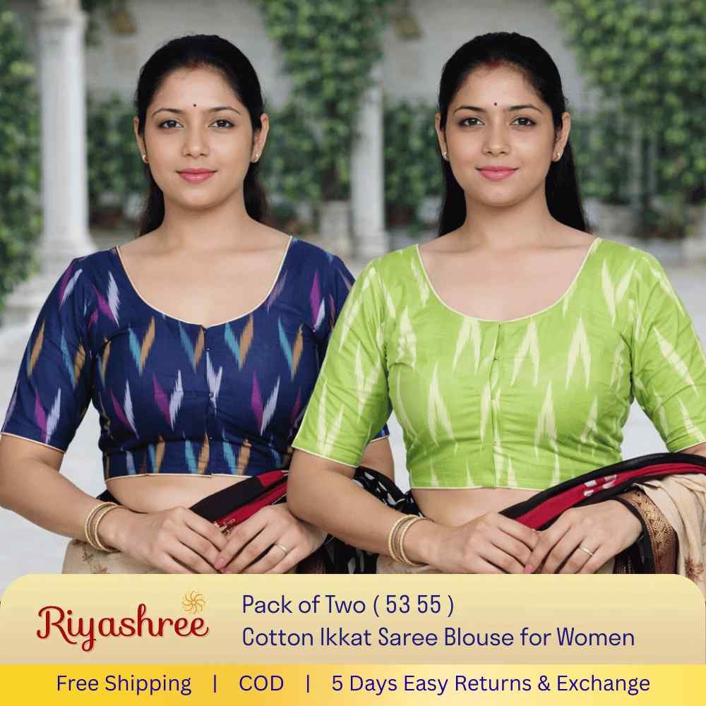 Pack of 2 Ready-to-Wear Cotton Ikkat Saree Blouse for Women | Pre-Stitched Readymade Blouse | Traditional Ethnic Wear with Modern Fit | Comfortable Daily & Festive Wear - 053 055