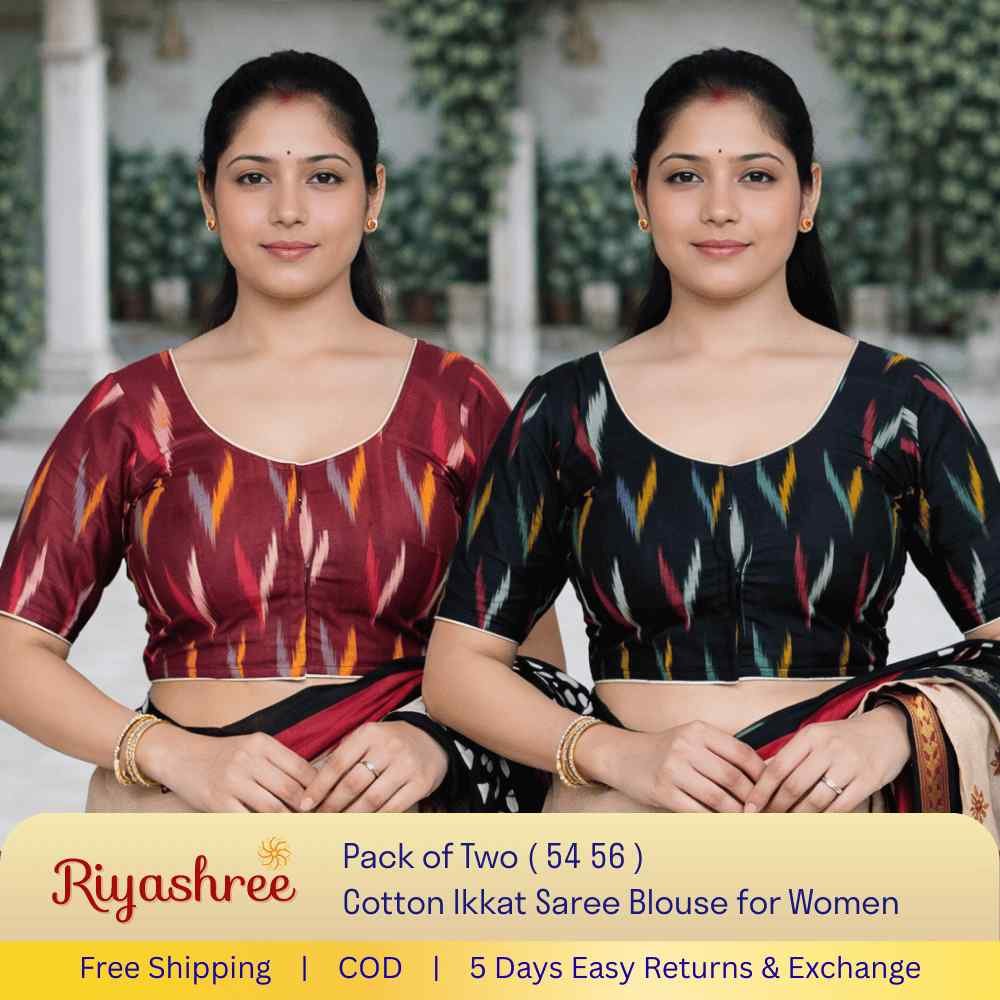 Pack of 2 Ready-to-Wear Cotton Ikkat Saree Blouse for Women | Pre-Stitched Readymade Blouse | Traditional Ethnic Wear with Modern Fit | Comfortable Daily & Festive Wear - 054 056